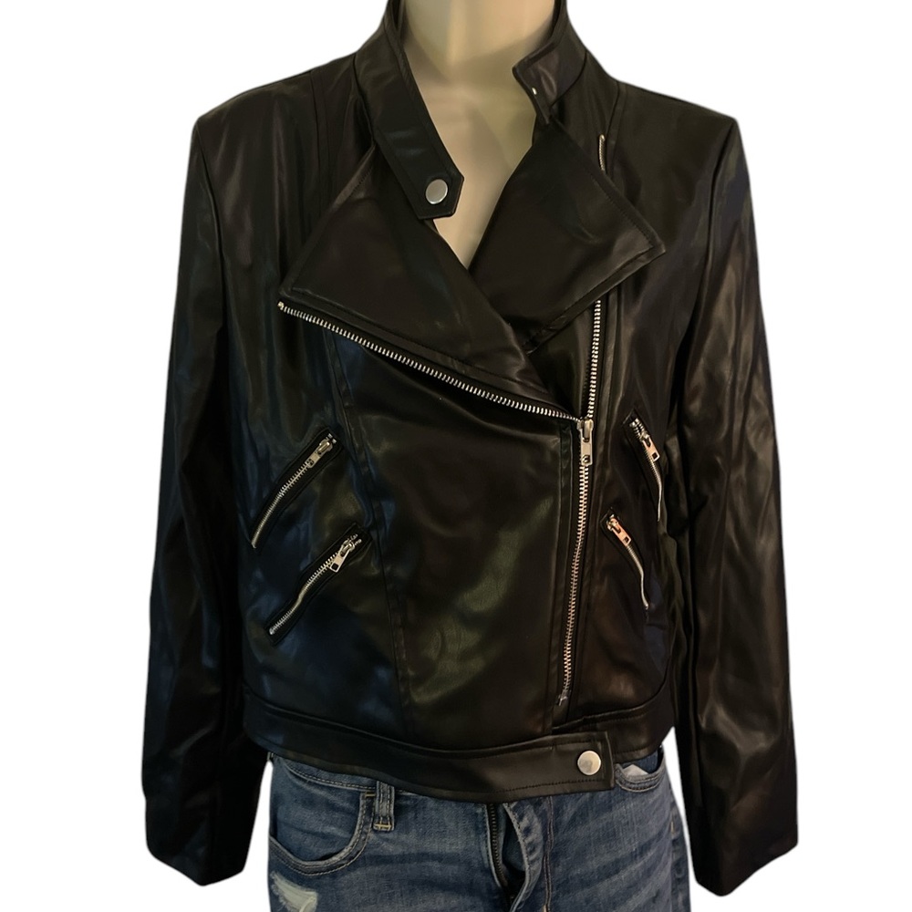 Black Leather Biker Jacket with Notched Lapel